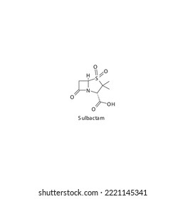 Sulbactam flat skeletal molecular structure β-lactamase inhibitor drug used in bacterial infection treatment. Vector illustration.