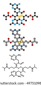 Sulbutiamine asthenia drug molecule. Stylized 2D renderings and conventional skeletal formula. Also used in nutritional supplements.