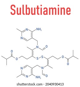 Sulbutiamine asthenia drug molecule. Also used in nutritional supplements. Skeletal formula.