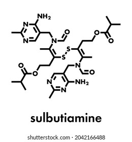 Sulbutiamine asthenia drug molecule. Also used in nutritional supplements. Skeletal formula.