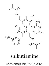 Sulbutiamine asthenia drug molecule. Also used in nutritional supplements. Skeletal formula.