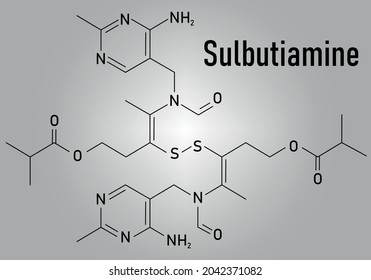 Sulbutiamine asthenia drug molecule. Also used in nutritional supplements. Skeletal formula.