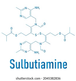 Sulbutiamine asthenia drug molecule. Also used in nutritional supplements. Skeletal formula.