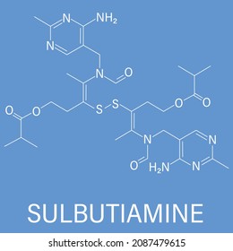 Sulbutiamine asthenia drug molecule. Also used in nutritional supplements. Skeletal formula.