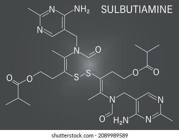 Sulbutiamine asthenia drug molecule. Also used in nutritional supplements. Skeletal formula.