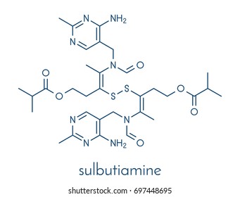 Sulbutiamine asthenia drug molecule. Also used in nutritional supplements. Skeletal formula.