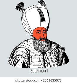 Suleiman I the Magnificent is considered the greatest sultan of the Ottoman dynasty; under him the Ottoman Porte reached its apogee. Hand-drawn vector illustration