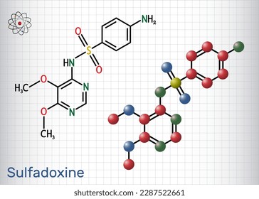 Sulfadoxine, sulphadoxine molecule. It is long acting sulfonamide used for the treatment of malaria. Structural chemical formula, molecule model. Sheet of paper in a cage. Vector illustration