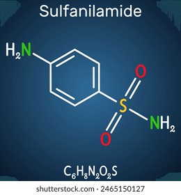 Sulfanilamide, sulphanilamide molecule. It is antibacterial drug.  Structural chemical formula on the dark blue background. Vector illustration