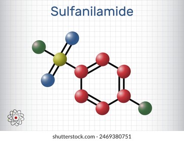 Sulfanilamide, sulphanilamide molecule. It is antibacterial drug.  Molecule model. Sheet of paper in a cage. Vector illustration