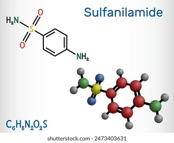 Sulfanilamide, sulphanilamide molecule. It is antibacterial drug.  Structural chemical formula and molecule model. Vector illustration