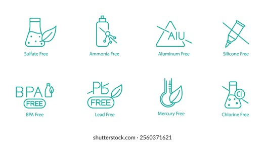 Sulfate, Ammonia, Aluminum, Silicon, BPA, Lead, Mercury, and Chlorine Free Vector Icons