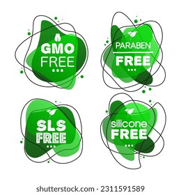 Sulfate free, paraben free, gmo and silicone free. GMO sls free preservative chemical organic label. Natural product concept. Vector Illustration.