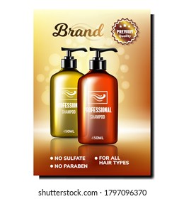 Sulfate-free Professional Shampoo Poster Vector. Blank Shampoo Bottles For Wash Hair Cosmetic Product Advertising Marketing Banner. Hygiene Cosmetology Liquid Color Concept Template Illustration