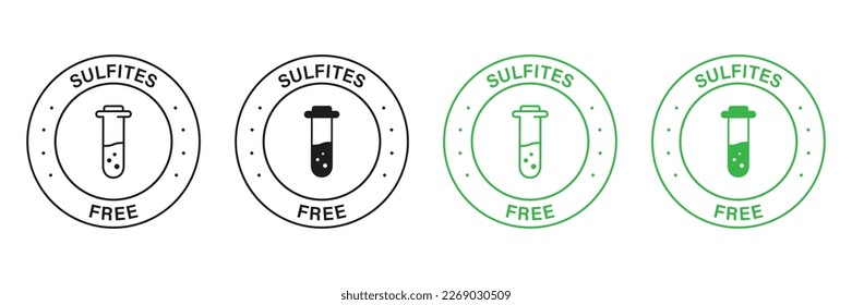 Sulfites Free Green und Black Stamp Set. Kein Sulfite-Etikett. Produkt ohne Sulfate-Symbol Natürliche Inhaltsstoffe Zeichen. Glaskolben, Testrohr, kein chemisches Lebensmittellogo. Einzelne Vektorgrafik.