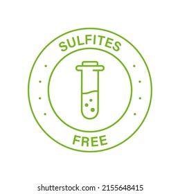 Sulfites Free Line Green Stamp. No Sulphites Label. Product Without Sulfate Symbol. Natural Ingredients Non Sulfite Sign. Glass Flask, Test Tube No Chemical In Food Logo. Isolated Vector Illustration.