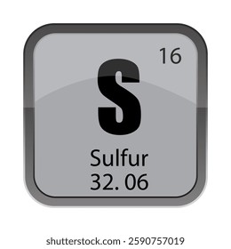 Sulfur 16 tile. S chemical symbol. 32.06 numeric data. Vector element shape.