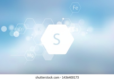 Sulfur. Abstract composition with the scientific designation of the trace element on a blurred background. Medical research