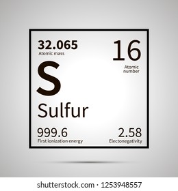 Sulfur chemical element with first ionization energy, atomic mass and electronegativity values ,simple black icon with shadow on gray