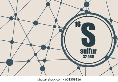 Sulfur chemical element. Sign with atomic number and atomic weight. Chemical element of periodic table. Molecule And Communication Background. Connected lines with dots.