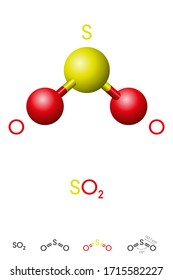 Sulfur dioxide. Molecule model and chemical formula. Illustration. Vector.