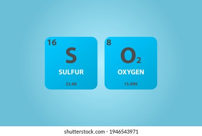 Sulfur Dioxide SO2 molecule. Simple molecular formula consisting of Sulfur, Oxygen,  elements. Chemical compound simplified structure on blue background, for chemistry education

