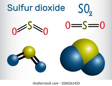 Sulfur dioxide (sulphur dioxide, SO2) molecule. Structural chemical formula and molecule model. Vector illustration