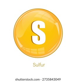 Sulfur element icon. S symbol text. Yellow sphere Vector. Round glossy button.