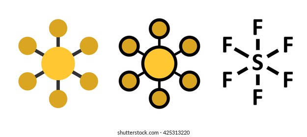 sulfur hexafluoride gas insulator molecule. Microbubbles are used as contrast agent for ultrasound imaging. Potent greenhouse gas. Stylized 2D renderings and conventional skeletal formula.