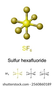 Sulfur hexafluoride, SF6, molecule model and chemical structure. Synthetic industrial gas consisting of six fluorine atoms attached to a central sulfur atom. The most powerful greenhouse gas known.