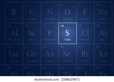 Sulfur highlighted element in periodic table with glowing effect