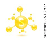 Sulfur mineral in the form of atoms molecules yellow glossy. Sulfur icon 3D isolated on white background. Minerals vitamins complex. Medical and science concept. Vector EPS10 illustration.
