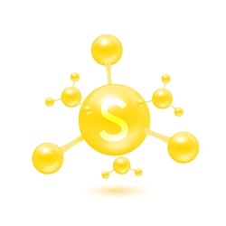 Sulfur Mineral In The Form Of Atoms Molecules Yellow Glossy. Sulfur Icon 3D Isolated On White Background. Minerals Vitamins Complex. Medical And Science Concept. Vector EPS10 Illustration.