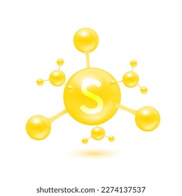 Sulfur mineral in the form of atoms molecules yellow glossy. Sulfur icon 3D isolated on white background. Minerals vitamins complex. Medical and science concept. Vector EPS10 illustration.