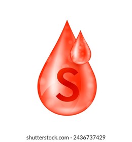 Minerales de azufre gotita roja. Complejo vitamínico en solución esencial. Gota de agua de la naturaleza sobre fondo blanco para anuncios de suplementos dietéticos. Concepto de ciencia médica. Icono 3D aislado vector.