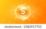 Sulfur minerals inside orange bubble floating in the air. Vitamins complex essential supplement to the health care. For food  nutrition and medicine. Science medical concept. Banner 3D vector.