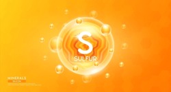 Sulfur Minerals Inside Orange Bubble Floating In The Air. Vitamins Complex Essential Supplement To The Health Care. For Food  Nutrition And Medicine. Science Medical Concept. Banner 3D Vector.
