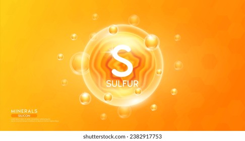 Sulfur minerals inside orange bubble floating in the air. Vitamins complex essential supplement to the health care. For food  nutrition and medicine. Science medical concept. Banner 3D vector.