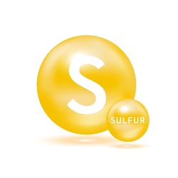 Sulfur Molecule Models Yellow And Chemical Formulas Scientific Element. Natural Gas. Ecology And Biochemistry Concept. Isolated Spheres On White Background. 3D Vector Illustration.