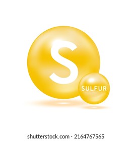 Sulfur molecule models yellow and chemical formulas scientific element. Natural gas. Ecology and biochemistry concept. Isolated spheres on white background. 3D Vector Illustration.