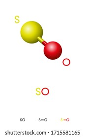 Sulfur monoxide. Molecule model and chemical formula. Illustration. Vector.