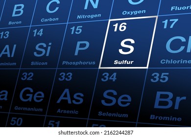 Sulfur on the periodic table of the elements. Nonmetallic chemical element with Symbol S and atomic number 16. In form of organosulfur compounds or metal sulfides, sulfur is essential for all life.