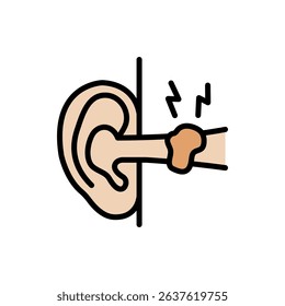 Sulfur plug color icon. A buildup of earwax blocking the ear canal simple sign. Improper ear hygiene leading to hearing loss logo. Medical vector isolated on white background.