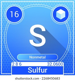 Sulfur (S) Element - Nonmetal - Periodic Table, Chemical Symbol, Name, Atomic Weight, Atomic Number, Electron Shells, Classification, Phase at STP - Chemistry Logo Icon Design
