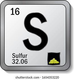 Icono de elemento de tabla periódica de azufre o S en ilustración vectorial de botón metálico plateado. Etiqueta 3d con sombra suave para la etiqueta de producto químico o elemento de diseño gráfico de página web digital.