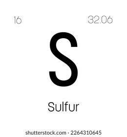 Sulfur, S, periodic table element with name, symbol, atomic number and weight. Non-metal with various industrial uses, such as in fertilizer, certain types of medication, and as a component of certain