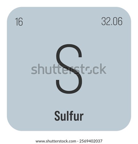 Sulfur, S, periodic table element with name, symbol, atomic number and weight. Non-metal with various industrial uses, such as in fertilizer, certain types of medication, and as a component of certain