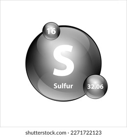 Sulfur, Sulphur (S) chemical element Icon structure round shape circle grey, silver, black easily. Periodic table Sign with atomic number. Study in science for education. 3D Illustration vector.