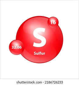 Sulfur, Sulphur (S) icon structure chemical element round shape circle red easily.  Chemical element of periodic table Sign with atomic number. Study in science for education. 3D Illustration.