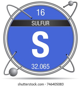 Sulfur symbol inside a metal ring with colored background and spheres orbiting around. Element number 16 of the Periodic Table of the Elements - Chemistry 